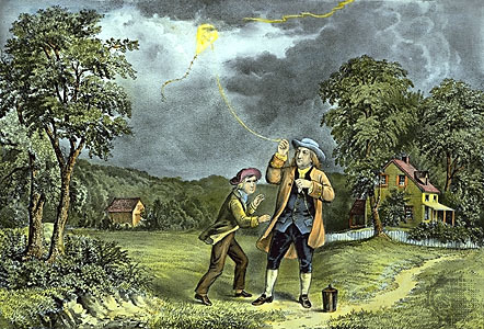 Il·lustració de l'experiment de Benjamin Franklin amb un estel on va descobrir que és podien parar els llamps